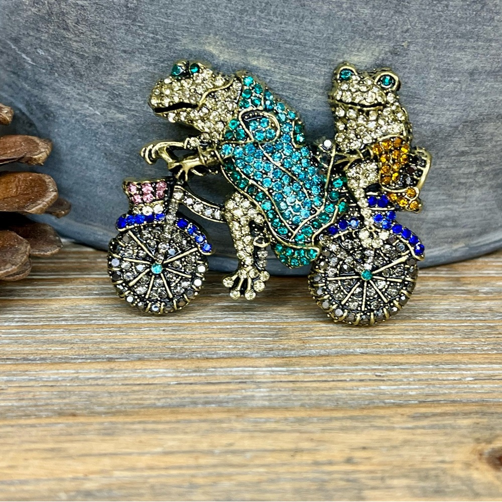 Vintage-Inspired Rhinestone Frogs on a Bicycle, Multi-Colored Brooch.